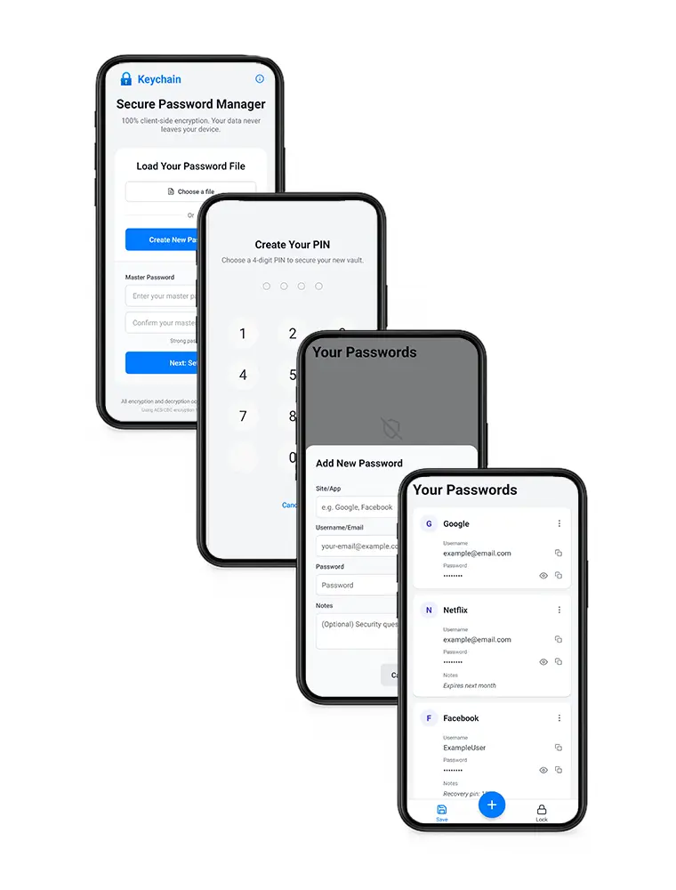 UI design of Keychain Password Manager, a secure Android app built with Rust and React Native.